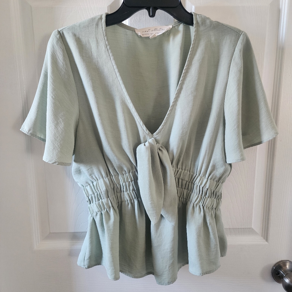 Most Collection Young Contemporary Sage Green Front Tie Peplum Blouse